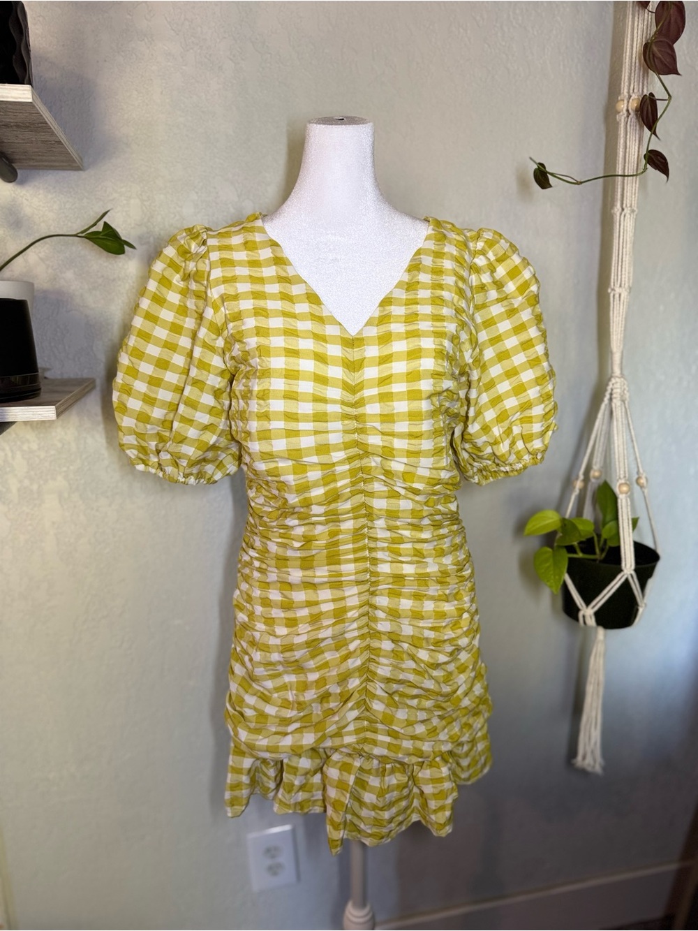 Skies Are Blue Yellow Gingham Ruched Puff-Sleeve Mini Dress